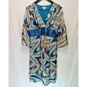 CATO Dress Sz 8 Blue Purple Geometric Psychedelic Retro Empire Waist Bell Sleeve
